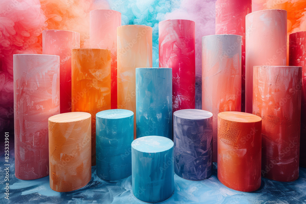 Poster soft pastel cylinders in isometric view forming a seamless background pattern,