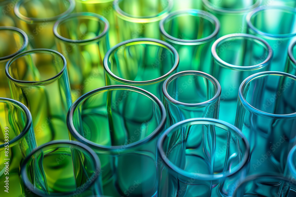 Poster isometric pattern of translucent cylinders with gradient shades of green and blue,