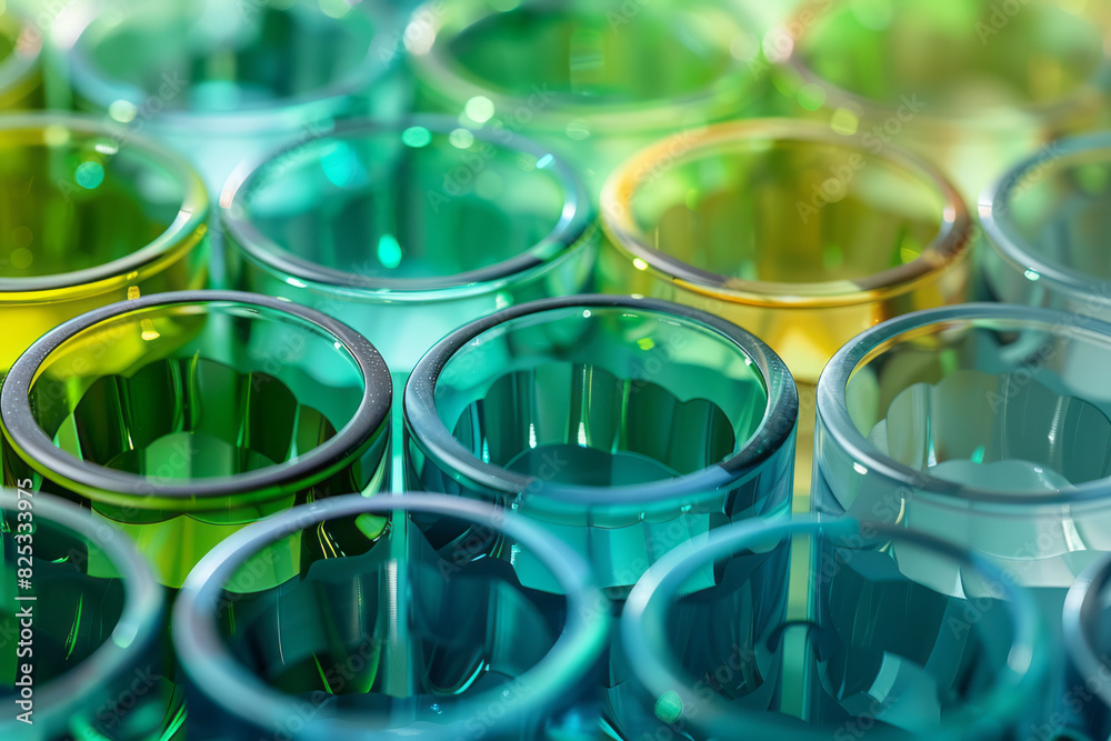 Poster isometric pattern of translucent cylinders with gradient shades of green and blue,