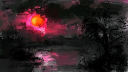 Fototapeta premium A painting featuring black and pink hues, trees, and an orange ball against a monochromatic backdrop