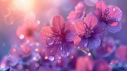   A close-up shot of a bouquet of flowers with water droplets on their petals and a bright light shining from behind