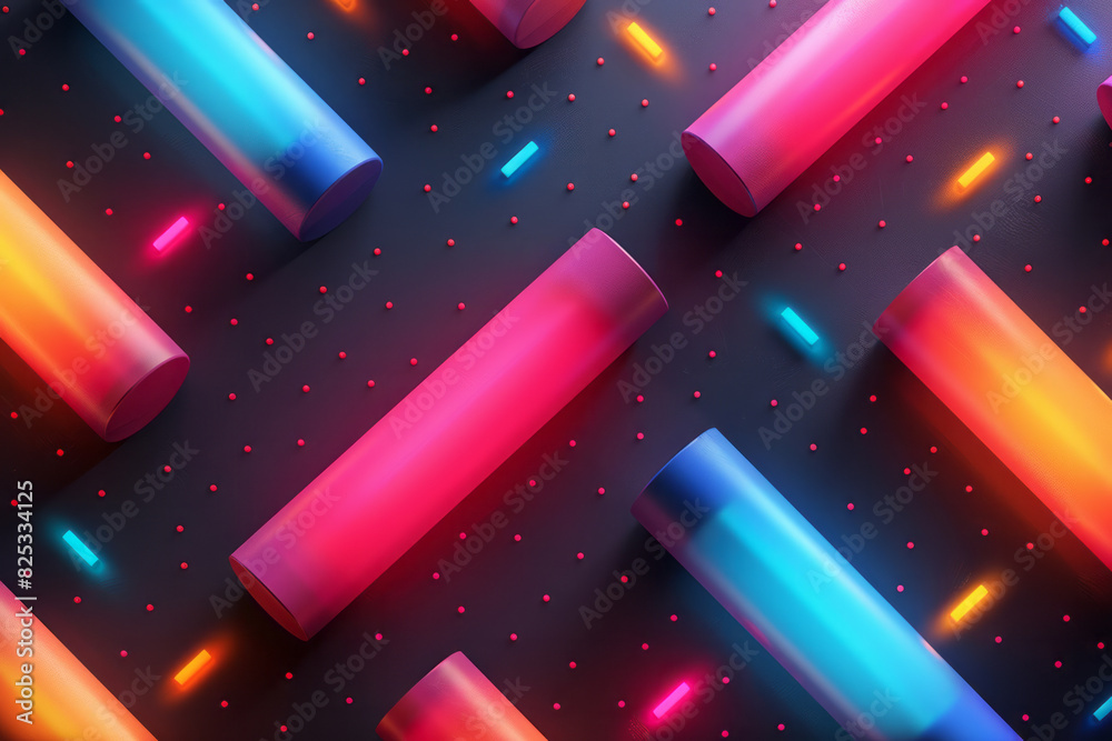 Poster abstract isometric seamless pattern with neon-colored cylinders on a dark background,