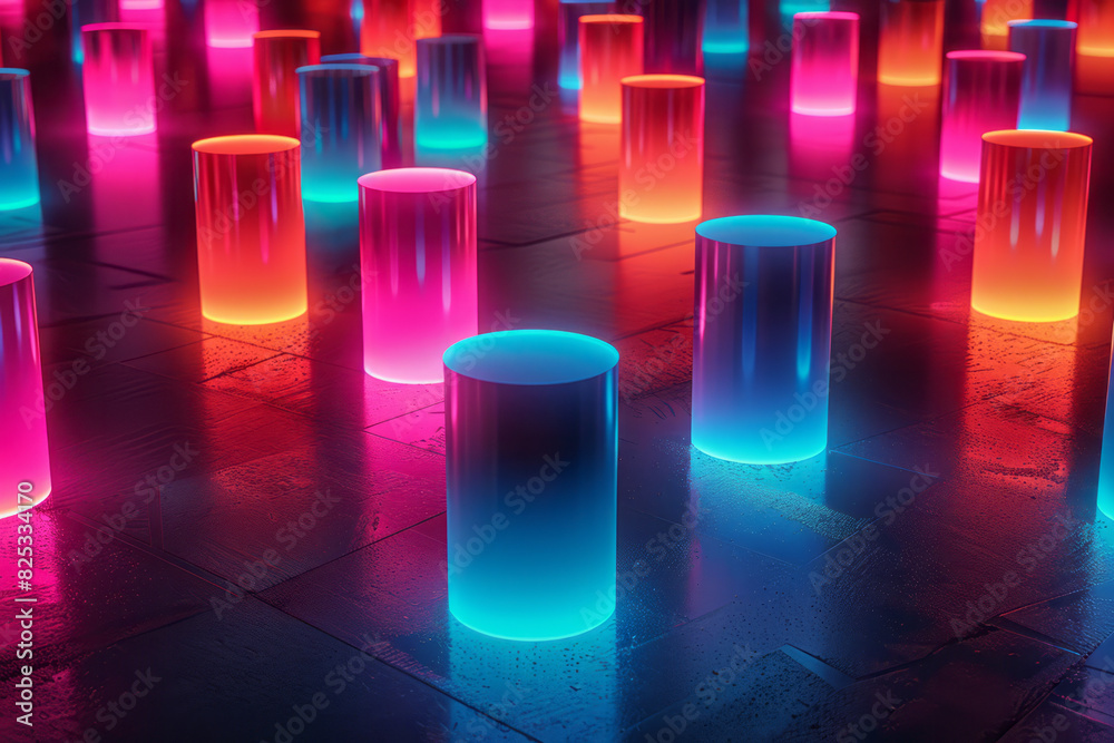 Poster abstract isometric seamless pattern with neon-colored cylinders on a dark background,
