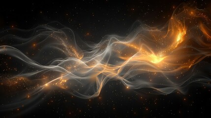   A wave of white and yellow smoke against a black backdrop, adorned with sparkling gold stars