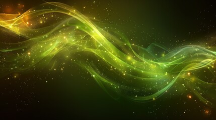  Image depicts a green-yellow wave on black background with celestial elements such as stars and glittering particles