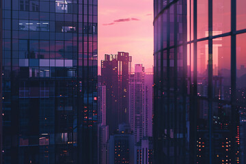 A cityscape featuring tall, reflective buildings at dusk capturing the beauty of an urban sunset