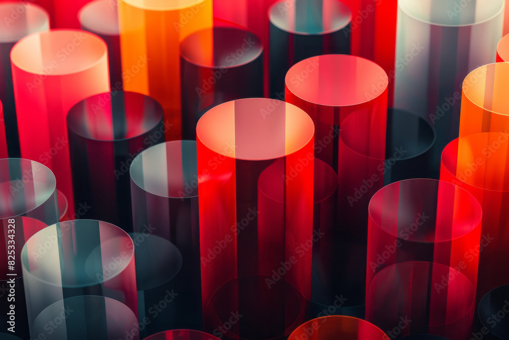 Poster isometric pattern of glossy red and orange cylinders in a seamless abstract design,