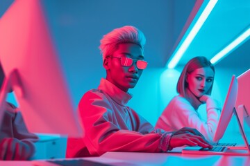 Dynamic Tech Team at Night: Multiracial Group of Young Adults Engaged in Advanced AI Project Development in a High-Tech Office Environment