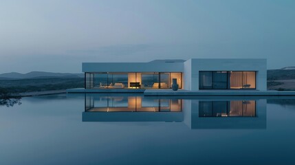 A white concrete modern house with glass windows, in the middle of spain desert landscape,...
