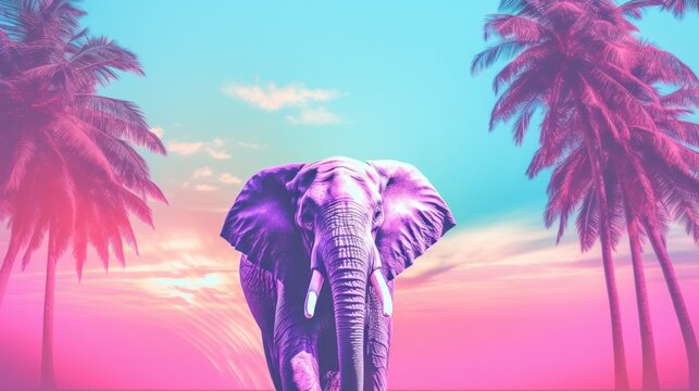 Fantasy vaporwave portrait of retrowave elephant. Pink and blue colors.
