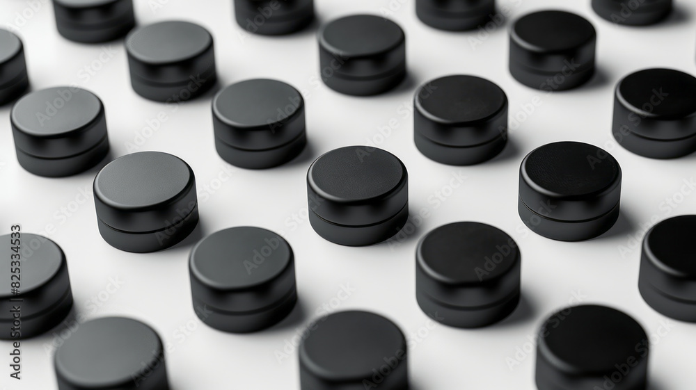 Poster minimalist isometric seamless pattern of matte black cylinders on a white background,