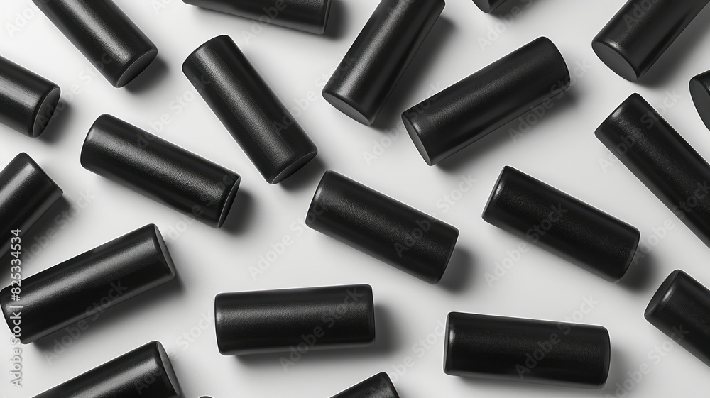 Poster minimalist isometric seamless pattern of matte black cylinders on a white background,