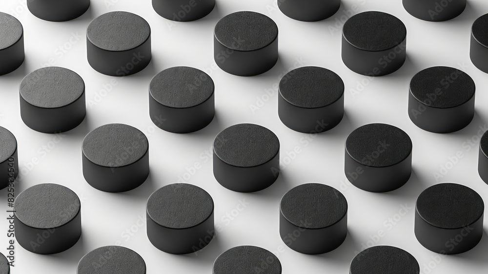 Poster minimalist isometric seamless pattern of matte black cylinders on a white background,