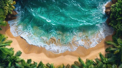 A bird's-eye view of a beach with waves crashing on the shore and palm trees in the foreground