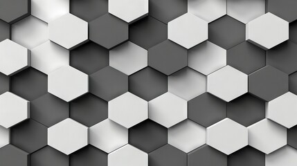  A monochromatic image features a hexagonal grid of white shapes on a black or gray backdrop