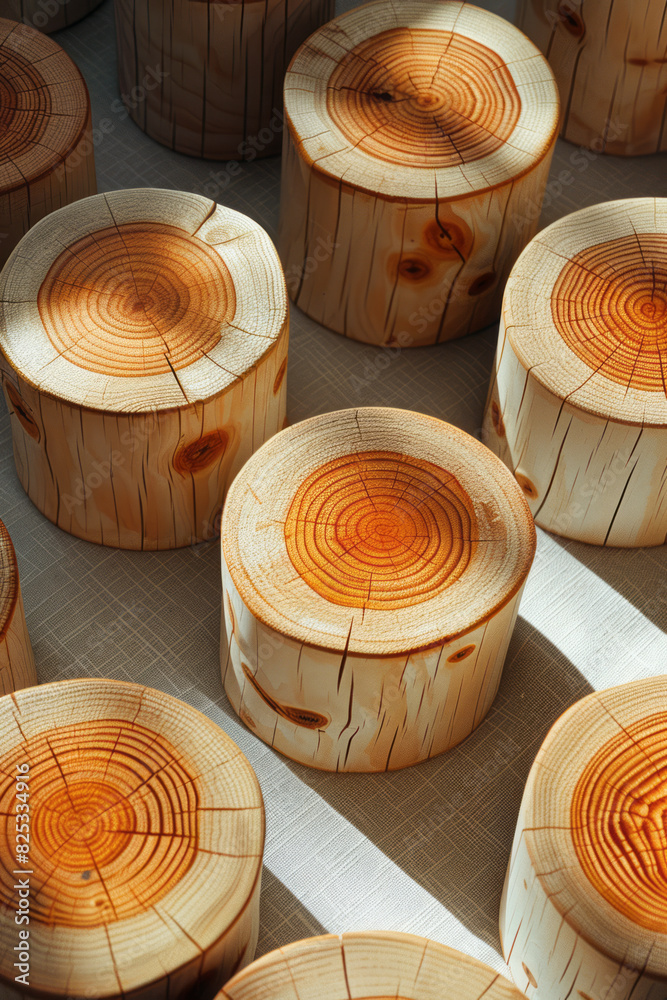 Poster minimalist isometric pattern featuring wooden textured cylinders on a soft beige background,