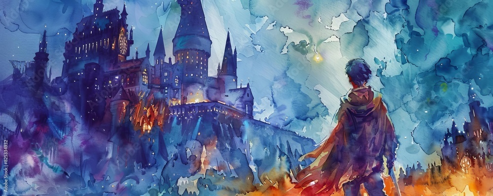 Wall mural A young hero facing a sorcerer in an enchanted castle, adventure, watercolor, vibrant colors