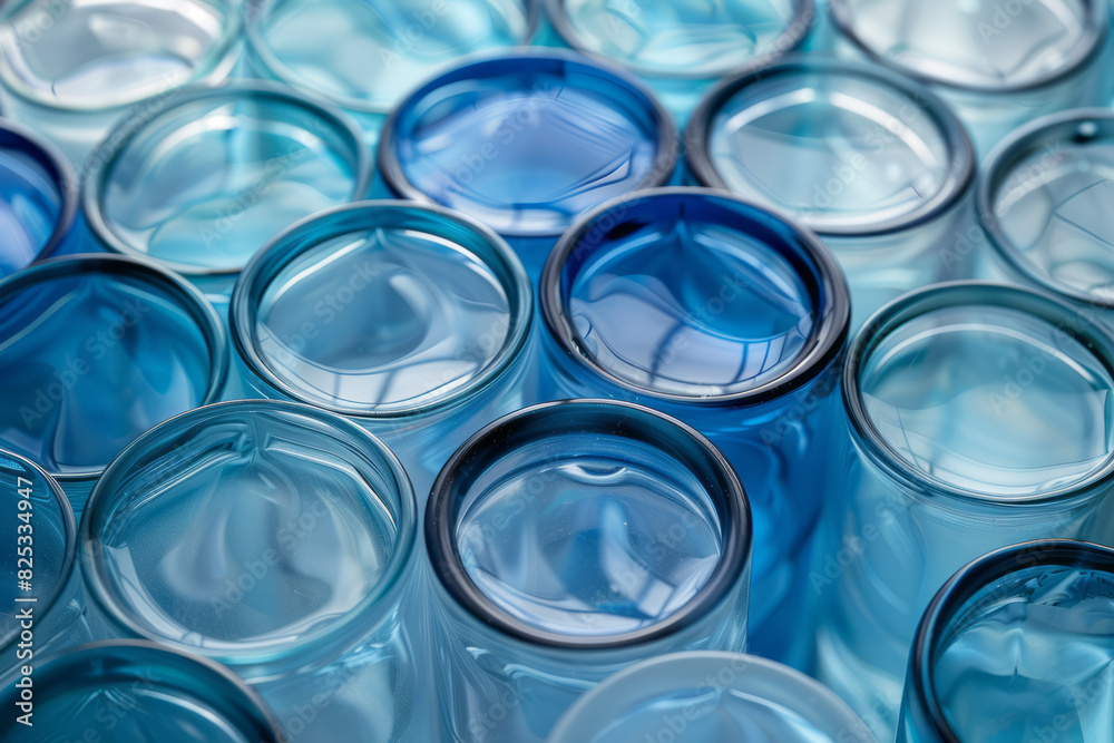 Poster abstract seamless pattern with transparent cylinders in various shades of light blue,