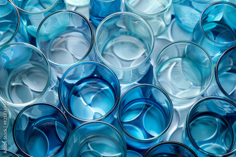 Poster abstract seamless pattern with transparent cylinders in various shades of light blue,