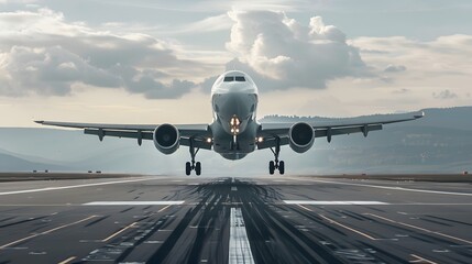 Front view of a passenger airplane on the runway, ready for takeoff.