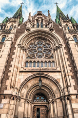 Bottom view of the Church of Sts. Olha and Elizabeth portal in Lviv, Ukraine. Beautiful facade of a...
