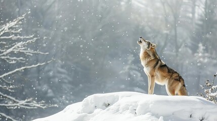 majestic solitary wolf howling on snowcovered hill evocative wildlife winter scene
