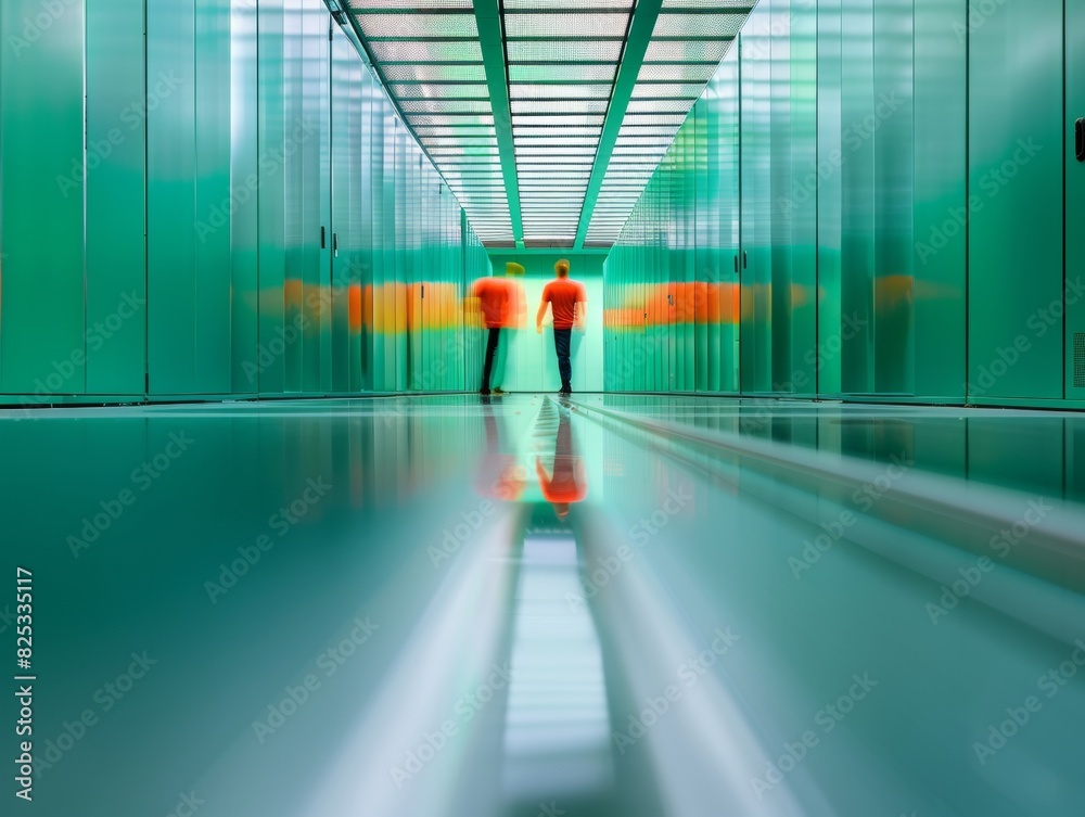 Aufkleber Abstract Blurry Image of Two Gender-Neutral Technology Workers in a Vibrant Green Data Center with Symmetrical Server Background