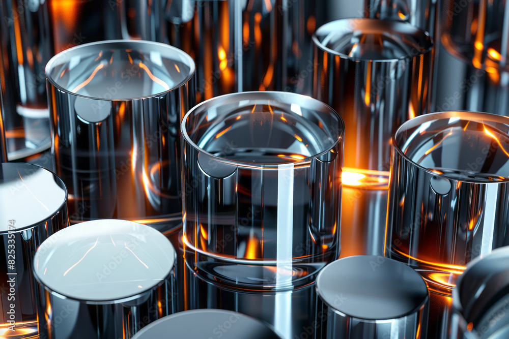Poster abstract isometric seamless pattern of silver and chrome cylinders reflecting light,
