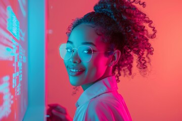 Young African American Woman Engaged in AI Technology Development in a Modern Office, Radiating Confidence and Joy