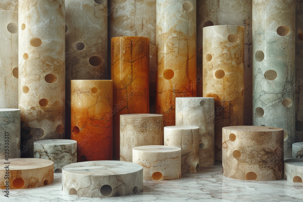 Poster isometric pattern featuring cylindrical forms in various heights with a sandy texture,