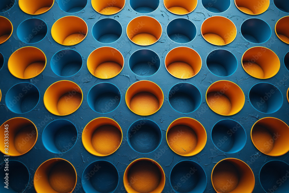 Poster minimalist isometric seamless pattern with alternating blue and yellow cylinders,
