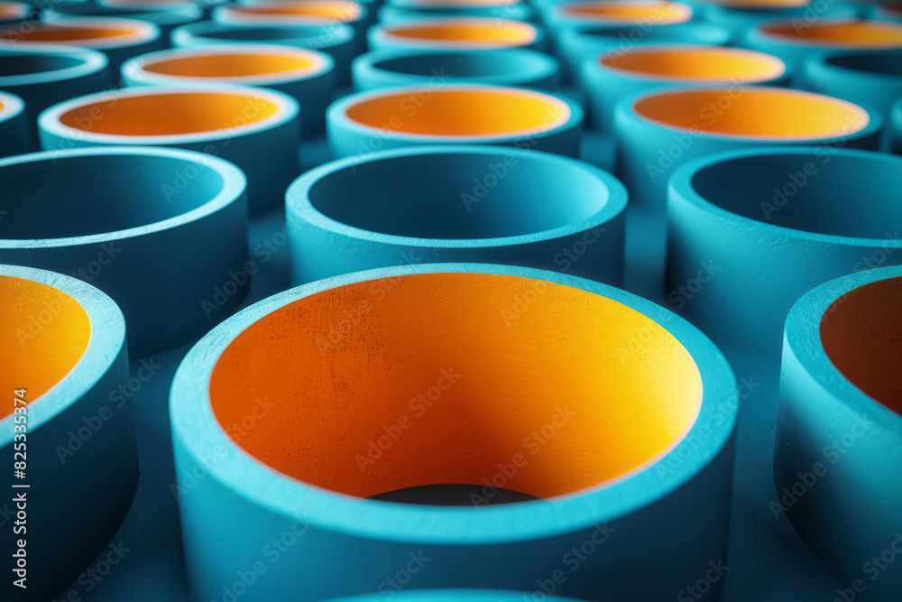 Poster minimalist isometric seamless pattern with alternating blue and yellow cylinders,