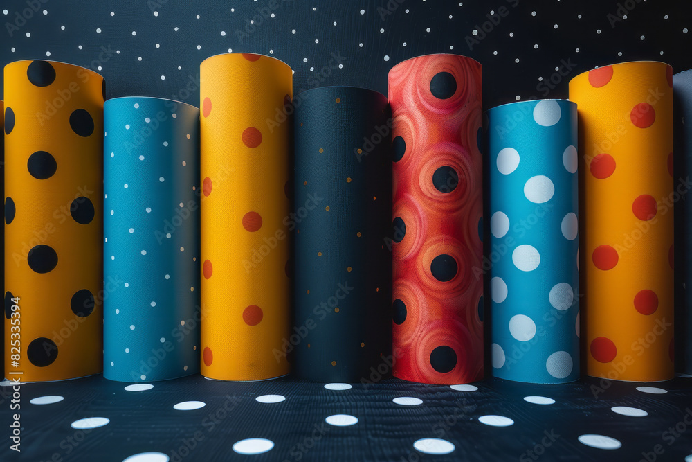 Poster minimalist isometric seamless pattern with alternating blue and yellow cylinders,