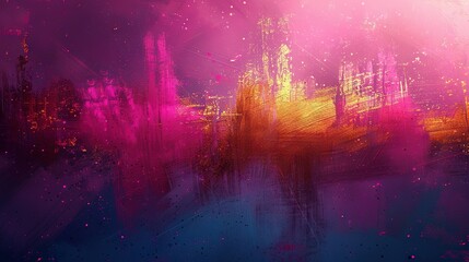   A stunning cityscape depicted in shades of pink, yellow, and blue, featuring a vibrant splash of paint