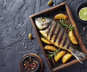 Top-down image of grilled fish and potatoes on a wooden tray with space for text.