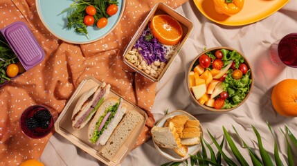 Top-Down View of a Colorful Picnic Setup on a Natural Blanket, Featuring Eco-Friendly Containers with Sandwiches and Salads for International Picnic Day