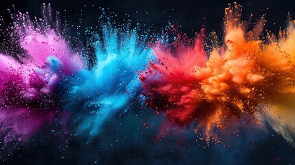   A rainbow of colorful objects soar through the sky with water drops beneath