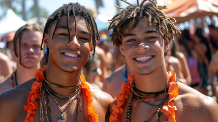 Portrait of two smiling young people enjoying a summer festival on the beach among a festive crowd. Young Friends Enjoying a Summer Festival on the Beach