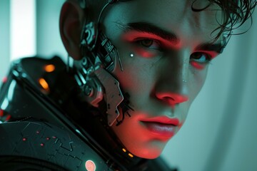Closeup of a man with advanced cybernetic enhancements and a piercing gaze