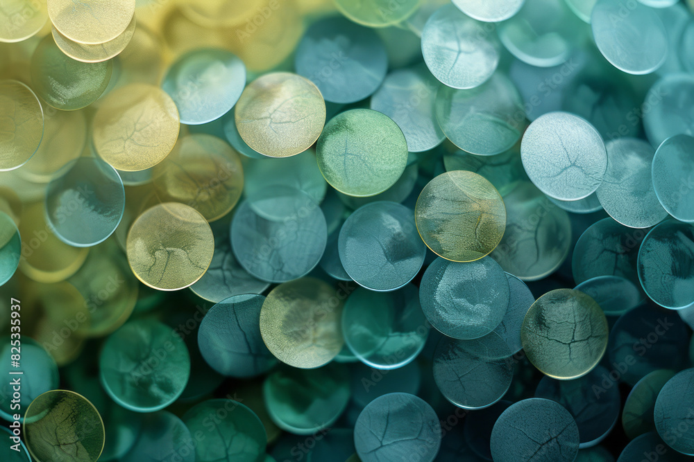 Poster isometric pattern of translucent spheres with gradient shades of green and blue,