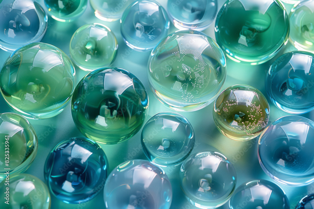 Poster isometric pattern of translucent spheres with gradient shades of green and blue,