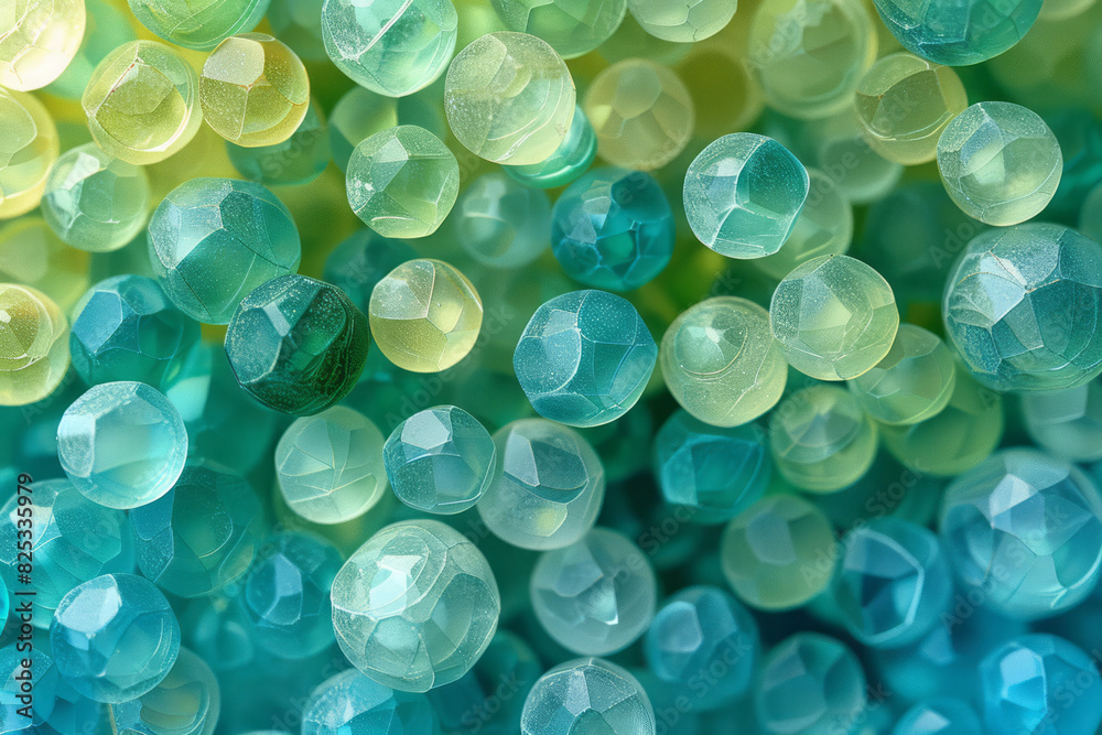 Poster isometric pattern of translucent spheres with gradient shades of green and blue,