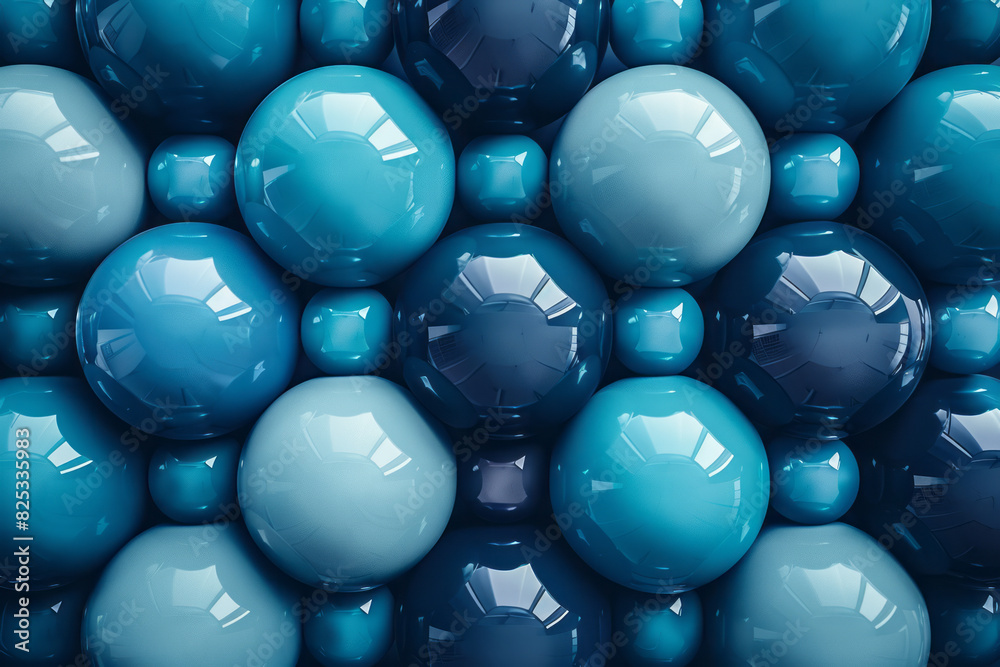 Poster minimalist isometric background featuring alternating sizes of navy and teal spheres,