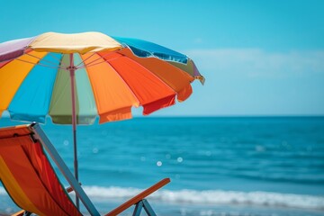 Closeup of a colorful beach umbrella shading a chair, calm setting, photorealistic, Overlay, relaxing beach environment backdrop