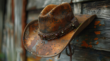 A worn brown cowboy hat hanging on a hook, featuring a scalloped brim.