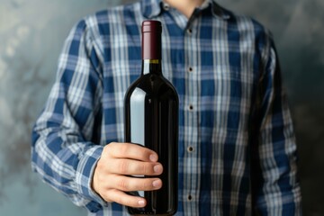 Closeup of a man in a checkered shirt presenting an unopened bottle of red wine, with focus on the bottle