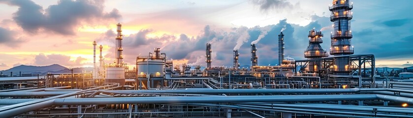 Fototapeta premium Panoramic view of an industrial oil refinery with pipelines, smokestacks, and buildings against a dramatic sunset sky.