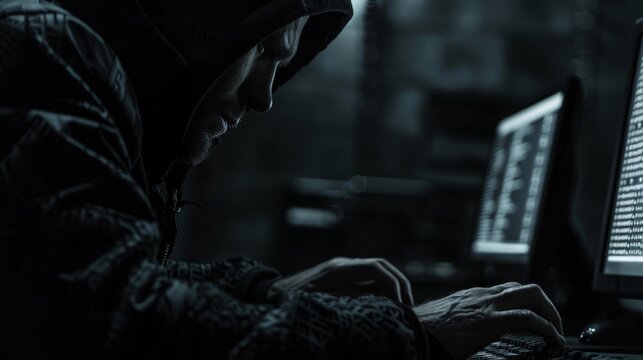 Closeup of a hacker working on a computer, dark environment, emphasizing code and security breach, cybernetic tone, Monochromatic Color Scheme