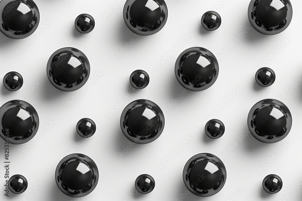 Poster minimalist isometric seamless pattern of matte black spheres on a white background,