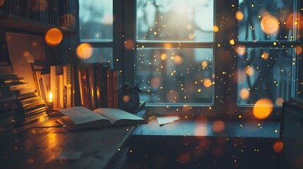 A cozy scene of a writer's den, with a defocused backdrop of softly glowing particles -